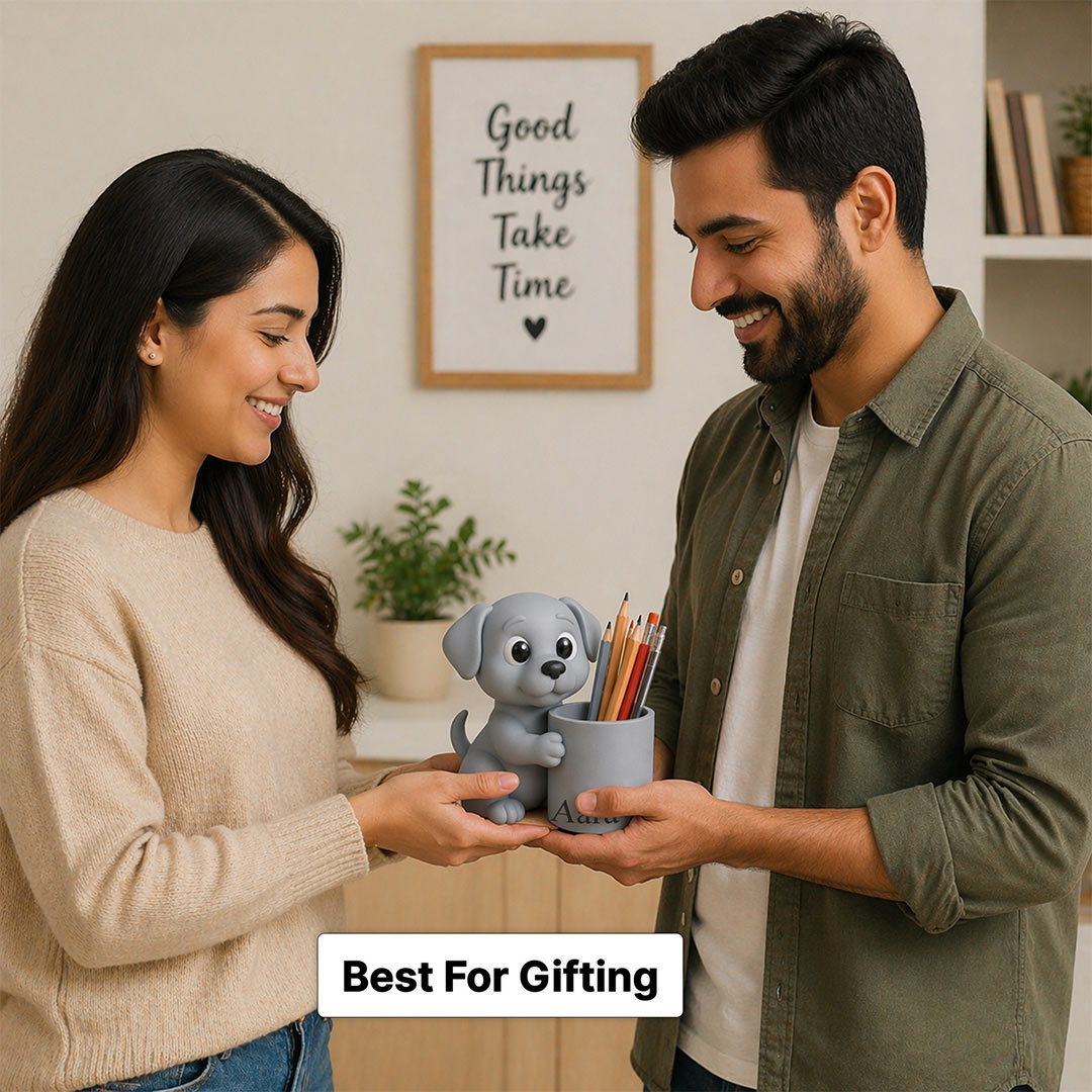 Personalized Cute Puppy Pen Holder – Custom Name Grey Puppy Desk Organizer Gift | Love Craft Gifts™