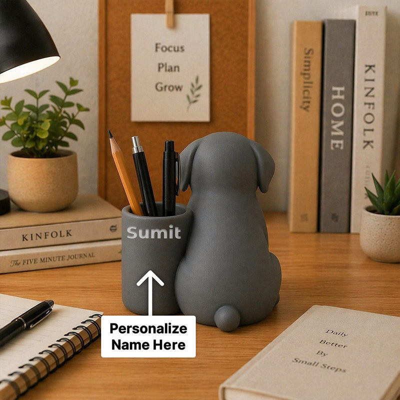 Personalized Grey Dog Pen Holder – Custom Name Cute Desk Organizer Gift for Dog Lovers | Love Craft Gifts™