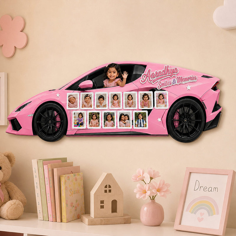 Personalized Baby Lamborghini Car Photo Collage Wall Décor 12×24 Inch | Custom Name & 13 Photo Kids Wall Frame | Love Craft Gifts™