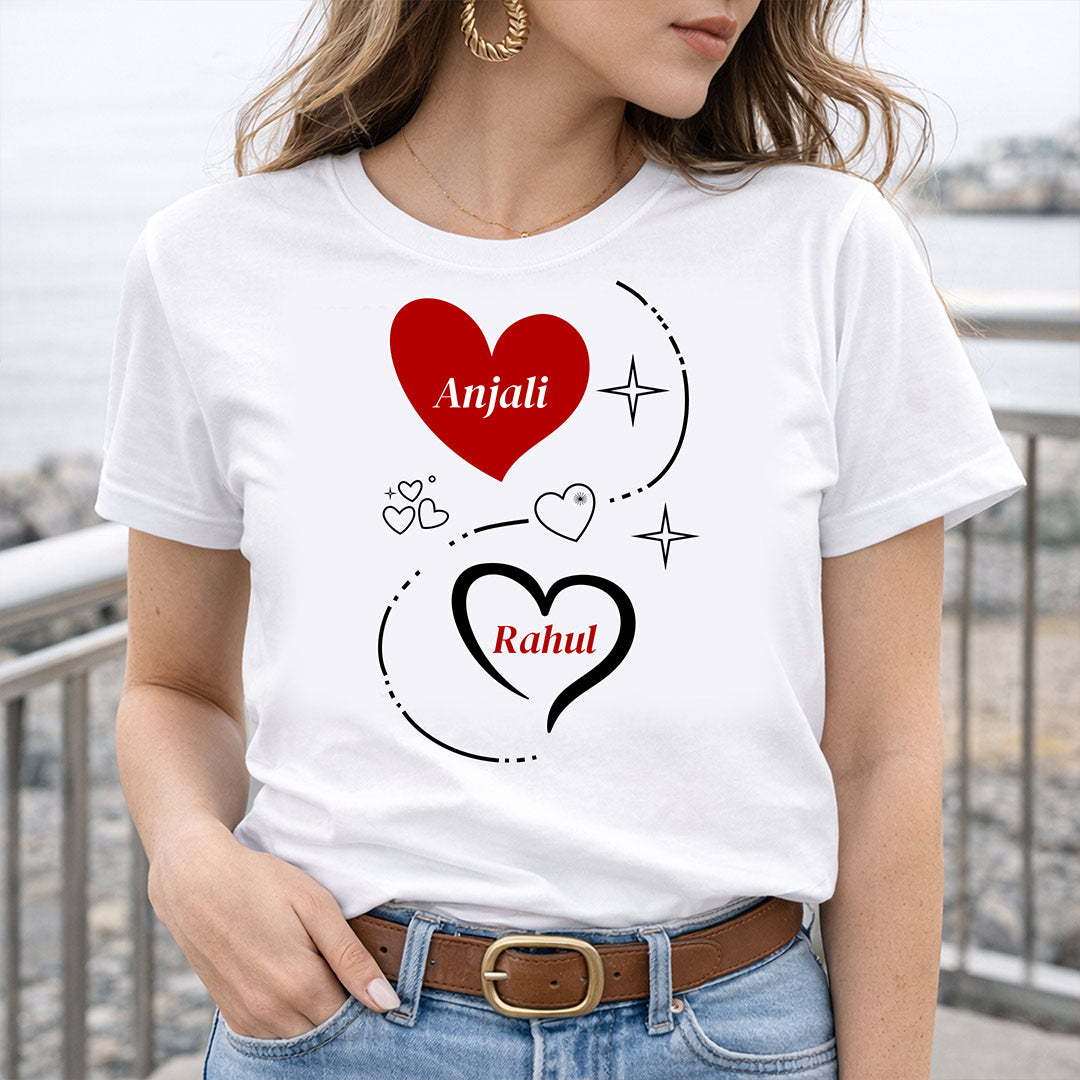 Personalized Couple Heart Name Print White T-Shirt – Unisex Casual Wear | Love Craft Gifts