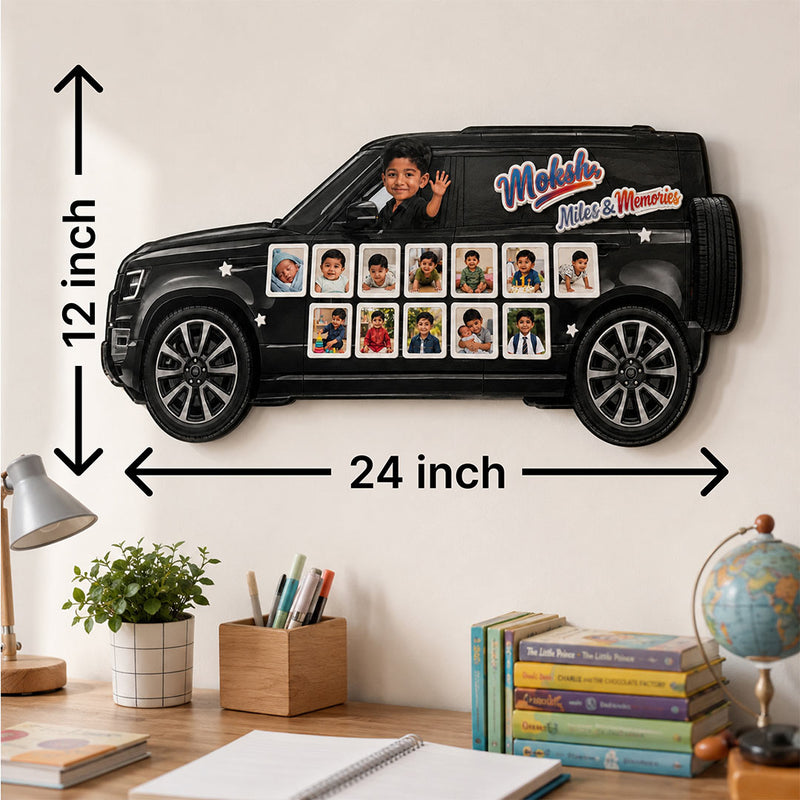 Personalized Baby Defender Car Photo Collage Wall Décor 12×24" | Custom Name & 13 Photo Kids Wall Frame | Love Craft Gifts™