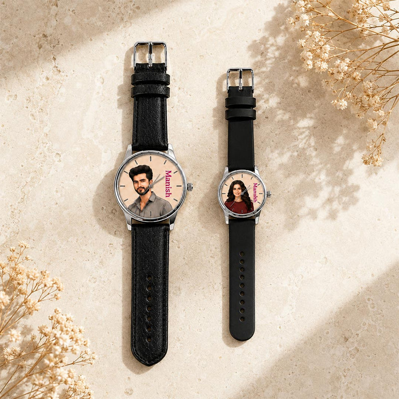Personalized Couple Photo & Name Watch Set with Black Straps | Custom His & Her Watches | Matching Couple Gift | Love Craft Gifts™