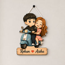 Personalized Couple Scooter Wooden Hanger | Cute Cartoon Couple Wall Décor | Romantic Wooden Hanging Gift | 8x12" | Love Craft Gifts™