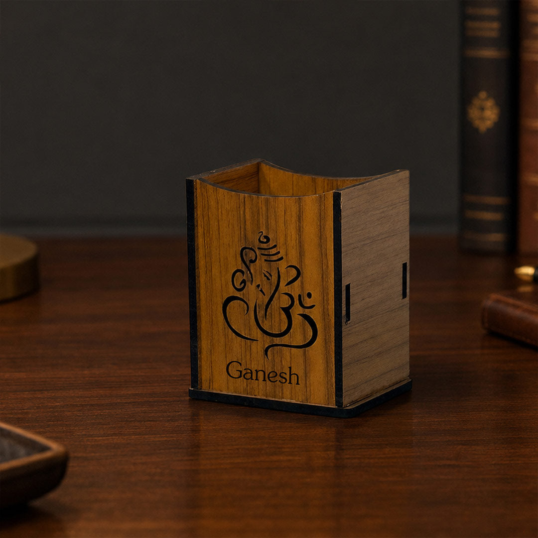 Personalized Wooden Pen Stand | Lord Ganesha Desk Organizer | 6x4" | Love Craft Gifts™