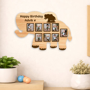 Personalized Elephant Baby Photo Frame – Custom Name Birthday Memory Wooden Wall Frame (18x12 Inch) | Love Craft Gifts™