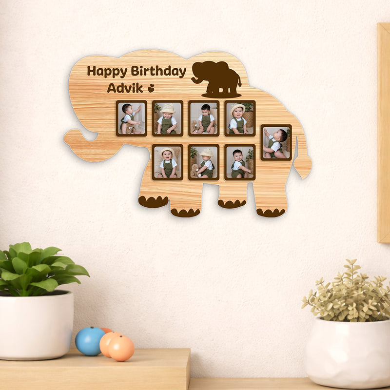 Personalized Elephant Baby Photo Frame – Custom Name Birthday Memory Wooden Wall Frame (18x12 Inch) | Love Craft Gifts™