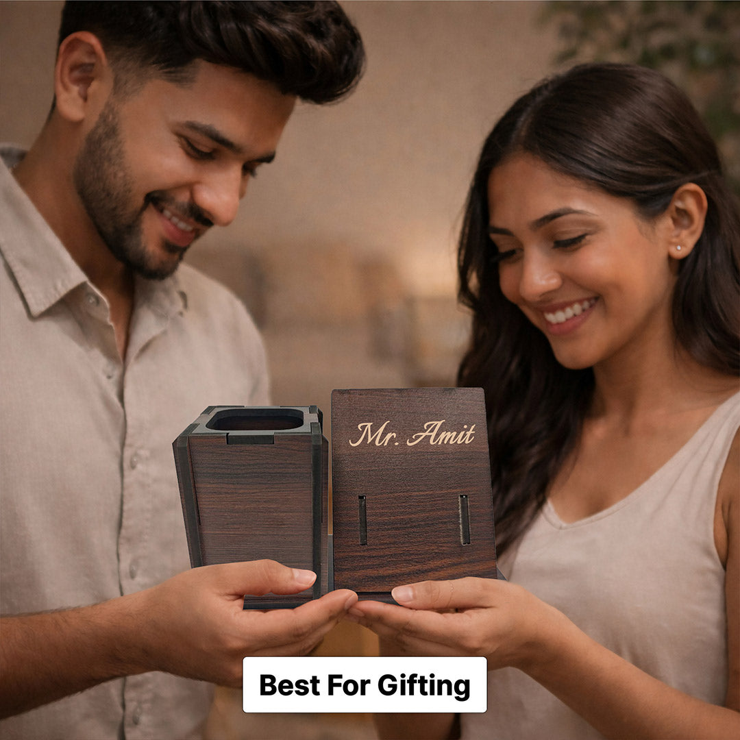 Personalized Wooden Desk Organizer with Name Engraving (7x4 Inch) Custom Pen Holder & Mobile Stand Gift for Boss, Husband & Professionals | Love Craft Gifts