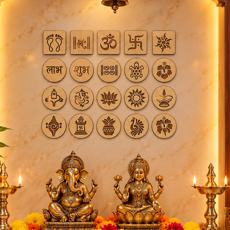 Auspicious Symbols Decor Set 3x3" | Om, Swastik, Shubh Labh, Lakshmi Charan, Ganesha, Lotus, Diya & Traditional Pooja Decor | Love Craft Gifts™