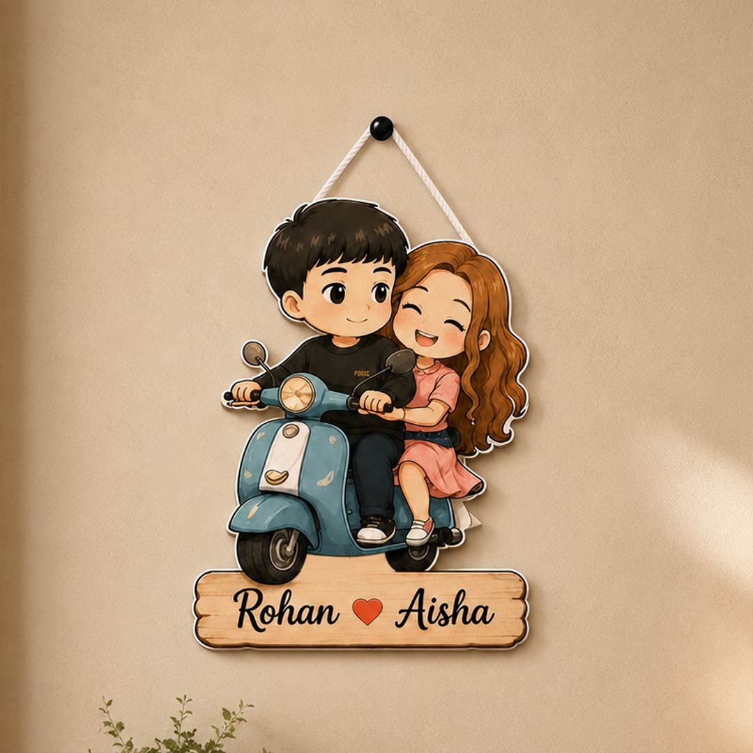 Personalized Couple Scooter Wooden Hanger | Cute Cartoon Couple Wall Décor | Romantic Wooden Hanging Gift | 8x12" | Love Craft Gifts™