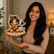 Bal Krishna with Cow Wooden Key Holder 6x8" | Cute Lord Krishna Flute Wall Key Organizer | Love Craft Gifts™