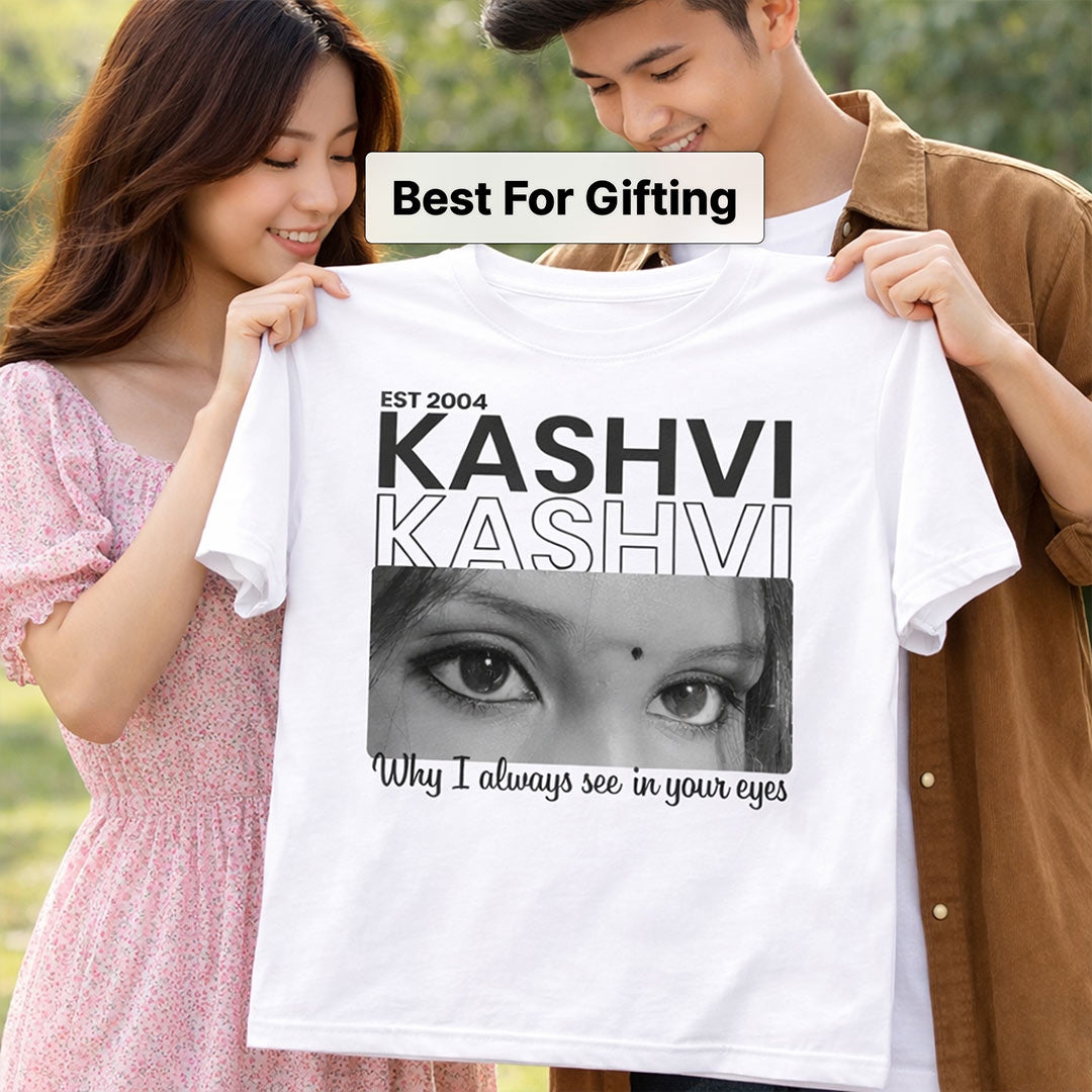 Personalized Name & Eye Photo Print White T-Shirt – Unisex Custom Wear | Love Craft Gifts