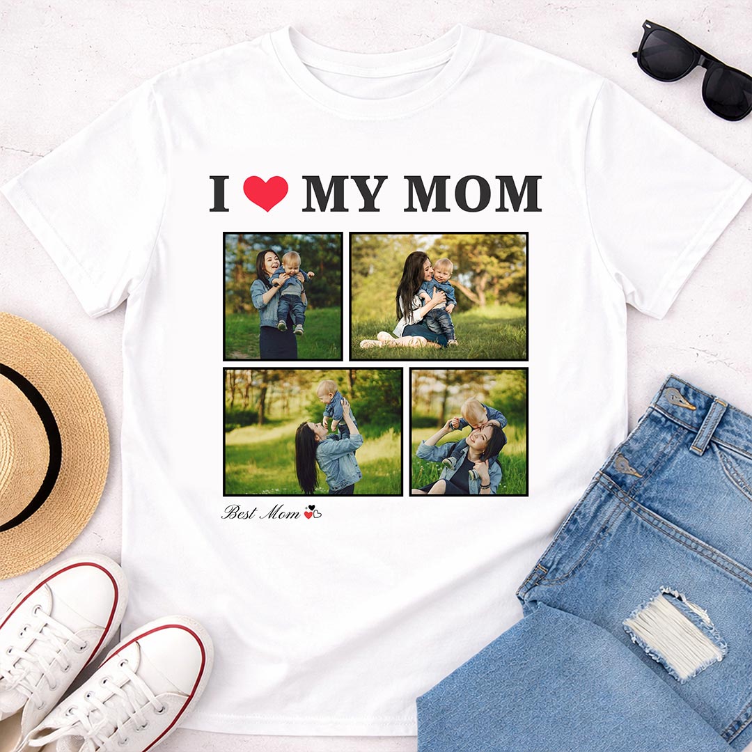Personalized I ❤️ My Mom Photo Collage T-Shirt – Custom 4 Pics Design | Love Craft Gifts