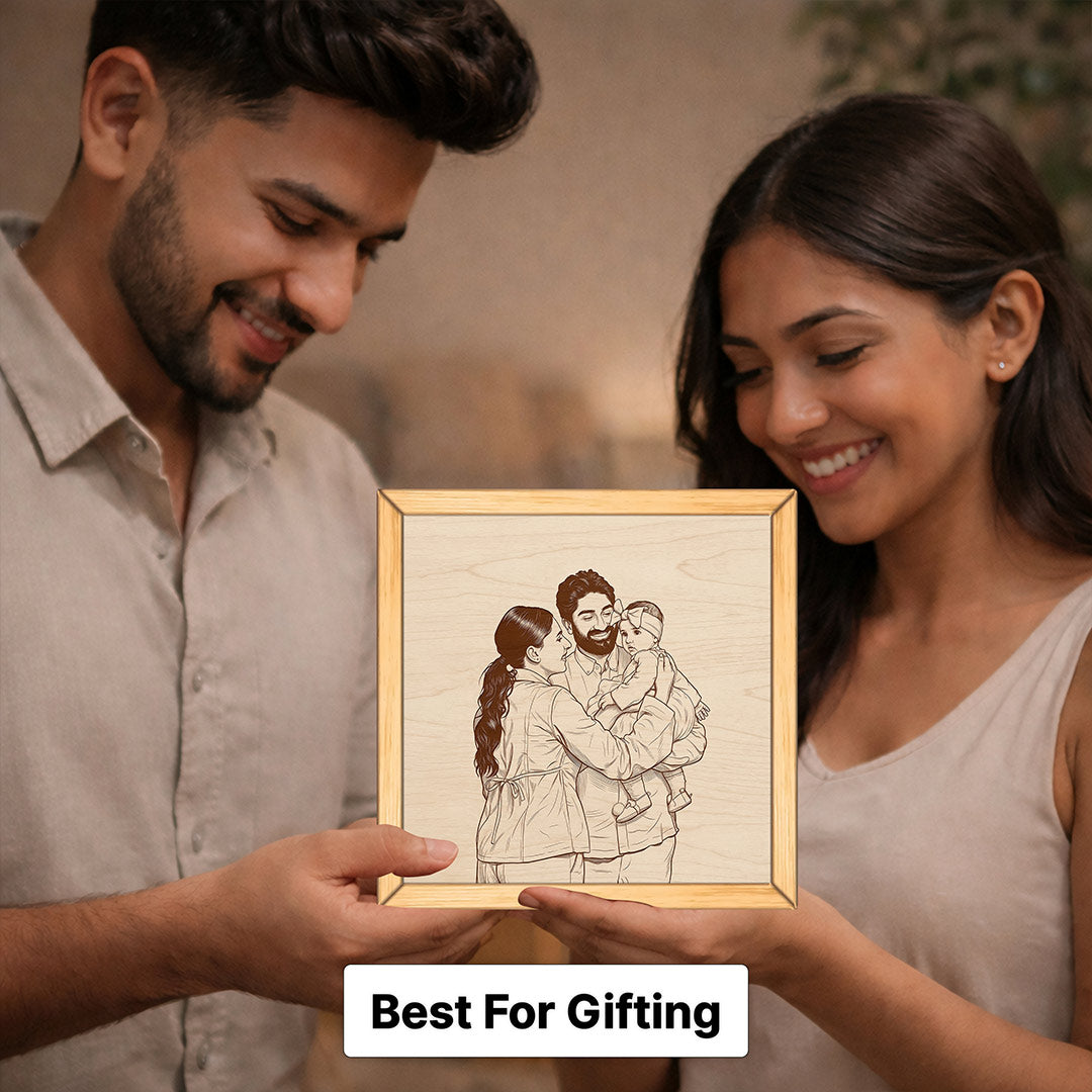 Personalized Family Sketch Wooden Frame Custom Photo Engraved Wall Decor 8x8" | Love Craft Gifts