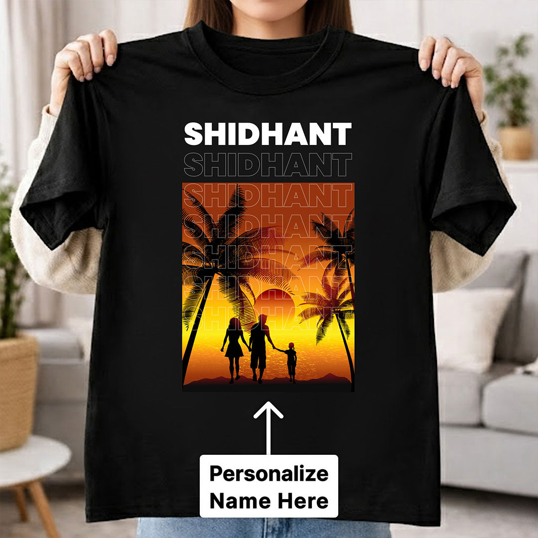 Personalized Sunset Family Silhouette Black T-Shirt – Custom Name Printed | Love Craft Gifts