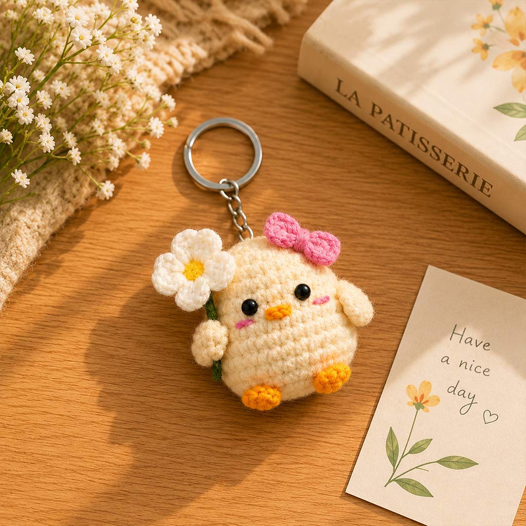 Cute Handmade Crochet Chick Keychain with Flower & Pink Bow | Amigurumi Chicken Bag Charm| Love Craft Gifts™