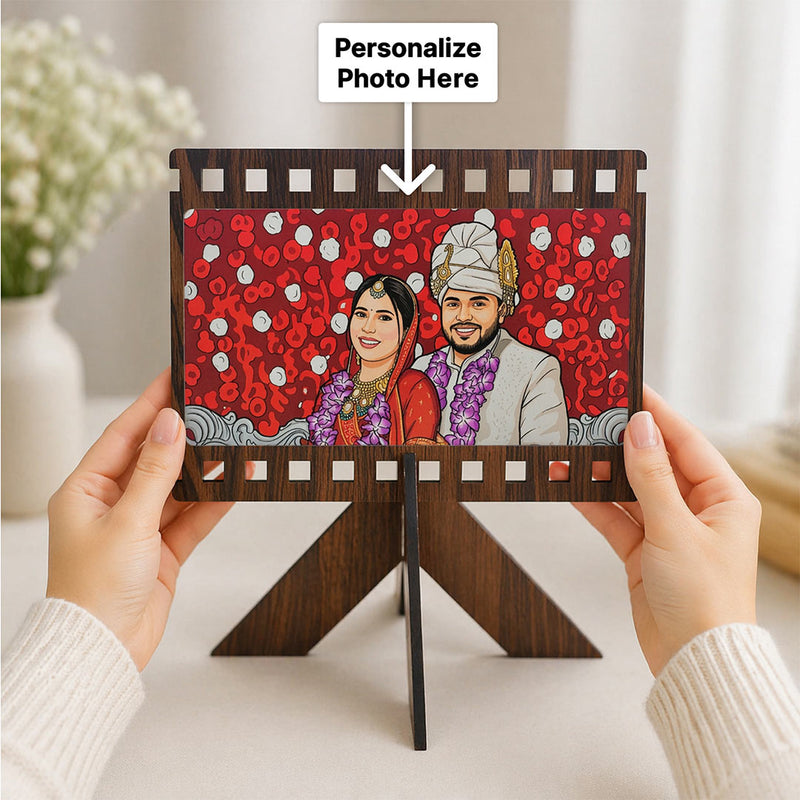 Personalized Cartoon Couple Wooden Frame | Custom Wedding Photo Stand (6x5")