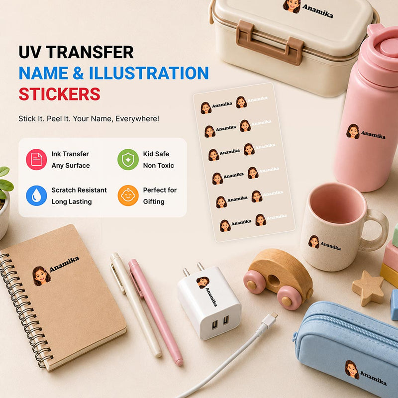 Personalized UV Ink Transfer Girl Photo & Name Stickers (12 Stickers) | Custom Face & Name Labels for Water Bottles, Lunch Boxes, Laptops, Mobile Cases & Everyday Essentials | Love Craft Gifts™