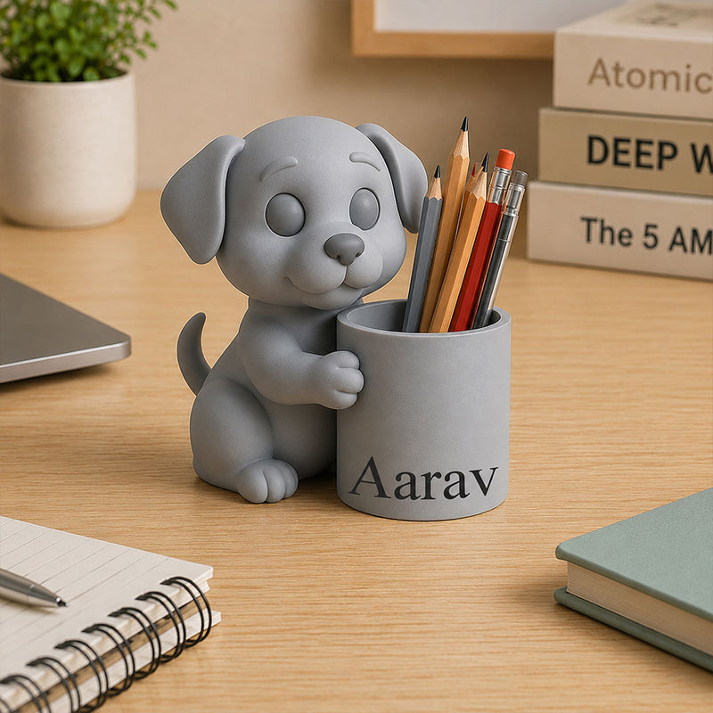 Personalized Cute Puppy Pen Holder | Grey Puppy Desk Organizer Gift