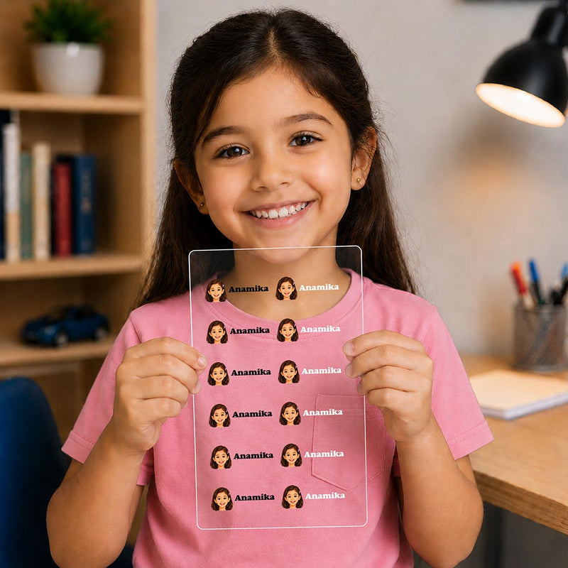 Personalized UV Ink Transfer Girl Photo & Name Stickers (12 Stickers) | Custom Face & Name Labels for Water Bottles, Lunch Boxes, Laptops, Mobile Cases & Everyday Essentials | Love Craft Gifts™