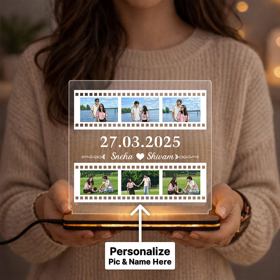 Personalized Film Strip LED Photo Frame Lamp with Date & Name 6x6 Inch | Love Craft Gifts
