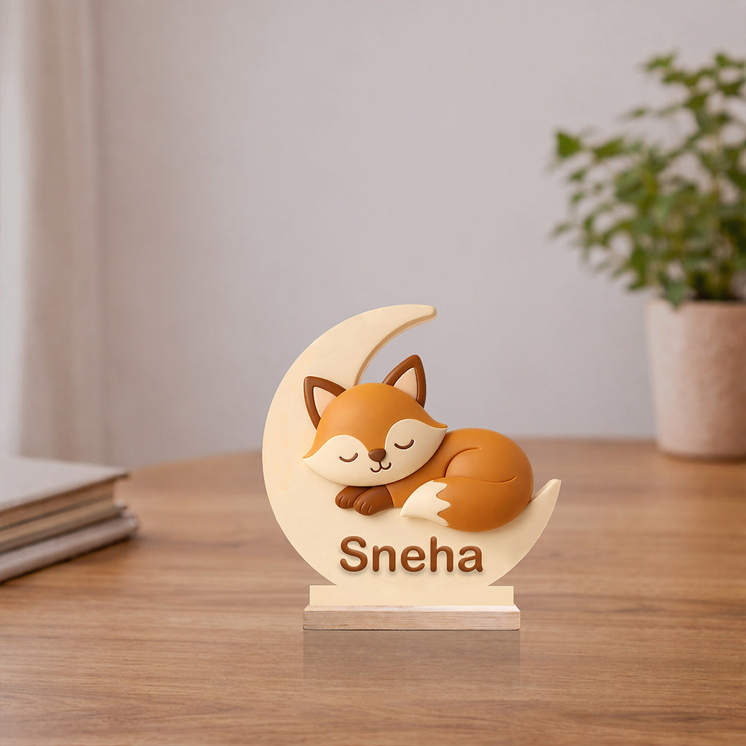 Personalized Cute Fox Moon Wooden Name Stand (6x6 Inch) Custom Name Kids Table Decor Gift for Girls, Baby & Kids Room | Love Craft Gifts