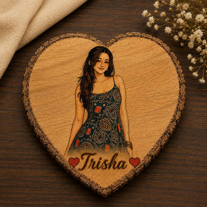 Personalized Wooden Heart Slice Girl Portrait Art | Personalized Wall Décor Gift for Daughter, Sister, Friend & Her | 7x7" | Love Craft Gifts™