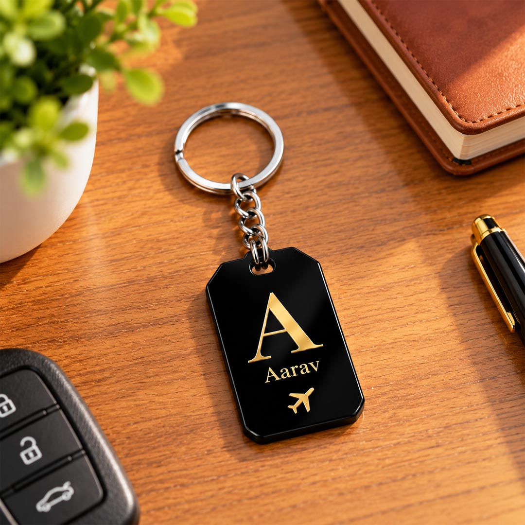 Personalized Acrylic Name Keychain 2x3" | Custom Initial Travel Keyring with Airplane Design | Love Craft Gifts™