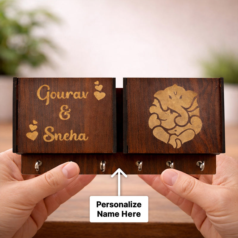 Personalized Wooden Key Holder & Phone Stand with Ganesha Design (8x4 Inch) Custom Name Engraved Wall & Desk Organizer Gift for Home | Love Craft Gifts