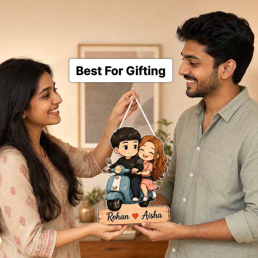 Personalized Couple Scooter Wooden Hanger | Cute Cartoon Couple Wall Décor | Romantic Wooden Hanging Gift | 8x12" | Love Craft Gifts™
