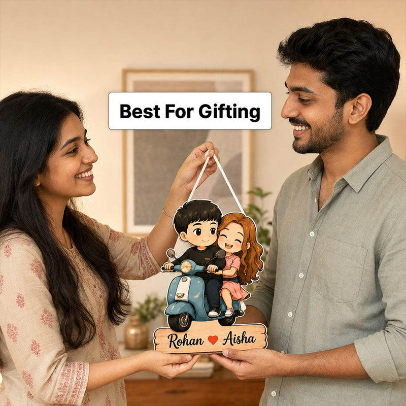 Personalized Couple Scooter Wooden Hanger | Cute Cartoon Couple Wall Décor | Romantic Wooden Hanging Gift | 8x12" | Love Craft Gifts™
