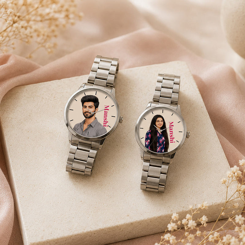 Personalized His & Her Photo & Name Watch Set with Silver-Tone Metal Straps | Romantic Gift | Love Craft Gifts™