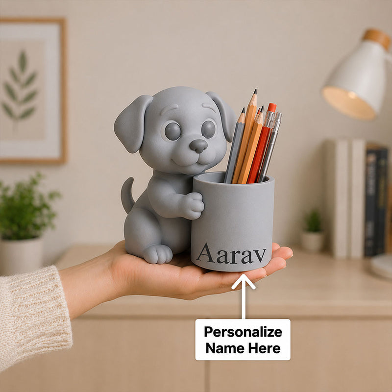 Personalized Cute Puppy Pen Holder | Grey Puppy Desk Organizer Gift