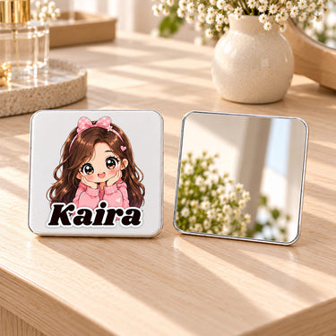 Personalized Cartoon Girl Compact Mirror | Custom Name Gift | Love Craft Gifts™