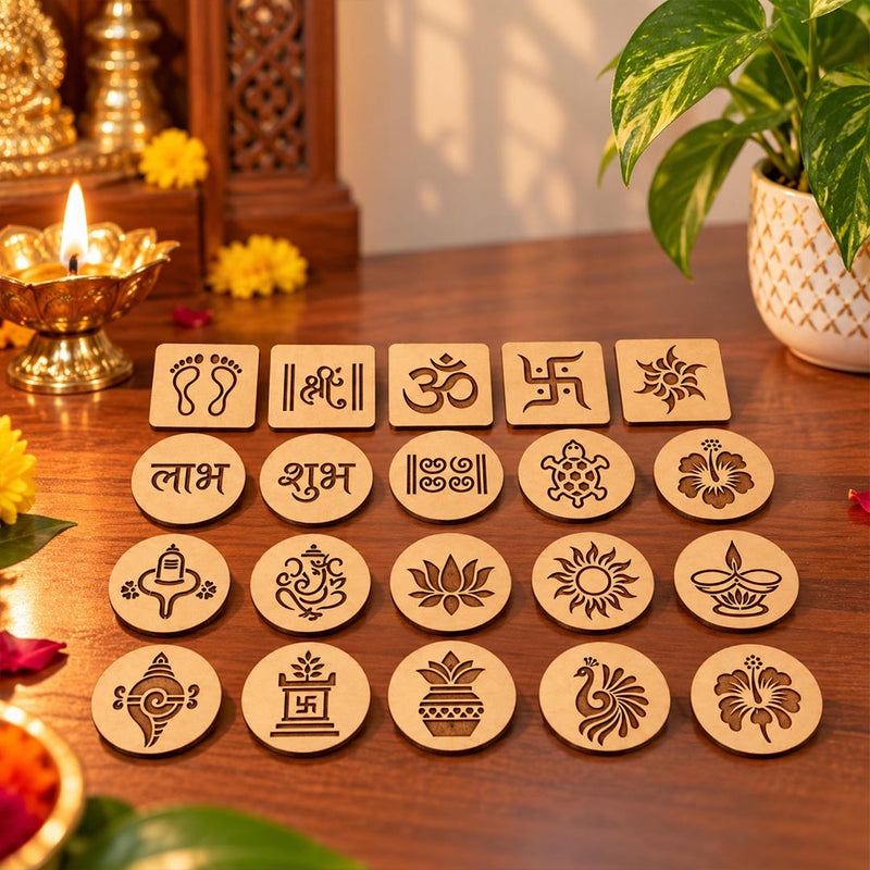 Auspicious Symbols Decor Set 3x3" | Om, Swastik, Shubh Labh, Lakshmi Charan, Ganesha, Lotus, Diya & Traditional Pooja Decor | Love Craft Gifts™