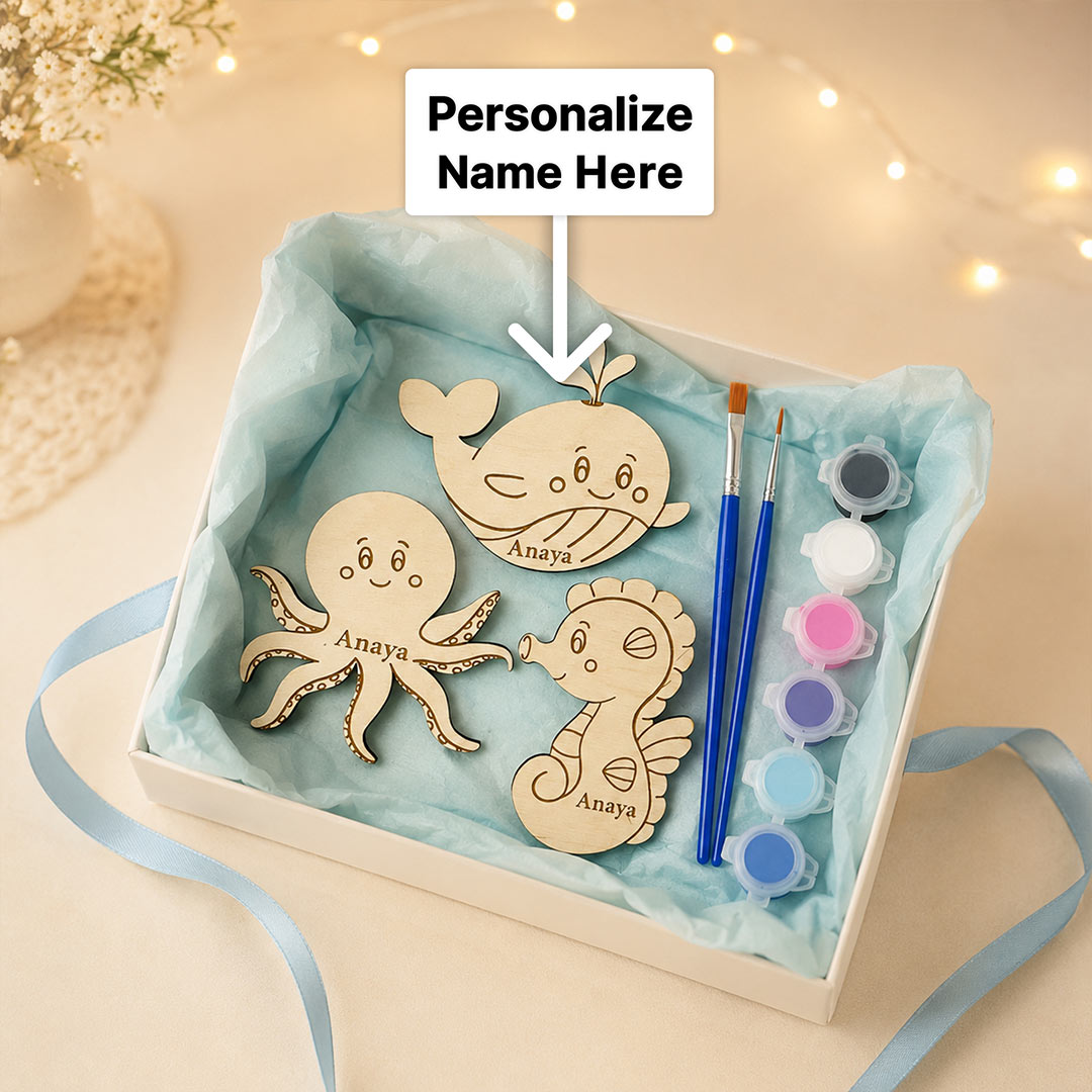 Personalized DIY Sea Animals Painting Kit for Kids 3" | Wooden Ocean Animals Art & Craft Set | Creative Gift for Kids | Love Craft Gifts™