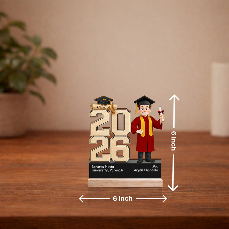 Personalized Graduation Wooden Table Stand (Class of 2026) – Custom Name & College Graduation Gift for Students, Boys & Friends (6x6 Inch) | Love Craft Gifts