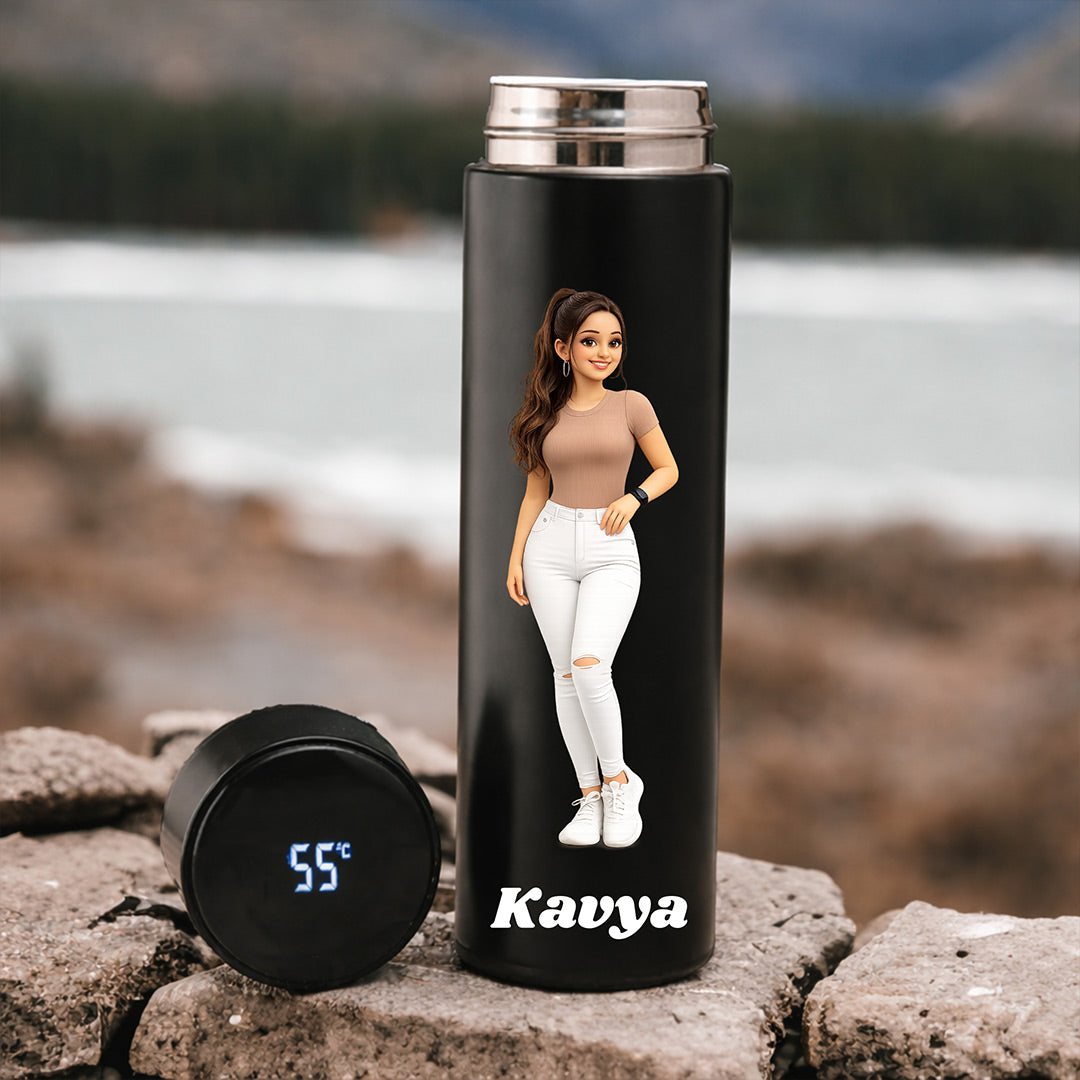 Personalized Cartoon Photo Water Bottle – Custom Name Printed Black Steel Bottle (500ml) Gift for Girls, Women & Friends | Love Craft Gifts