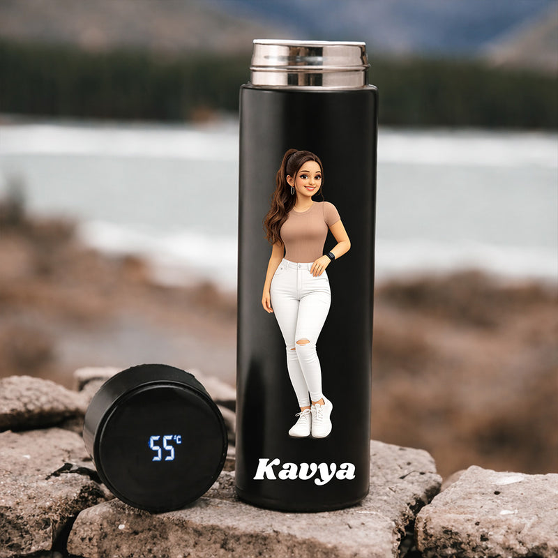 Personalized Cartoon Photo Water Bottle – Custom Name Printed Black Steel Bottle (500ml) Gift for Girls, Women & Friends | Love Craft Gifts