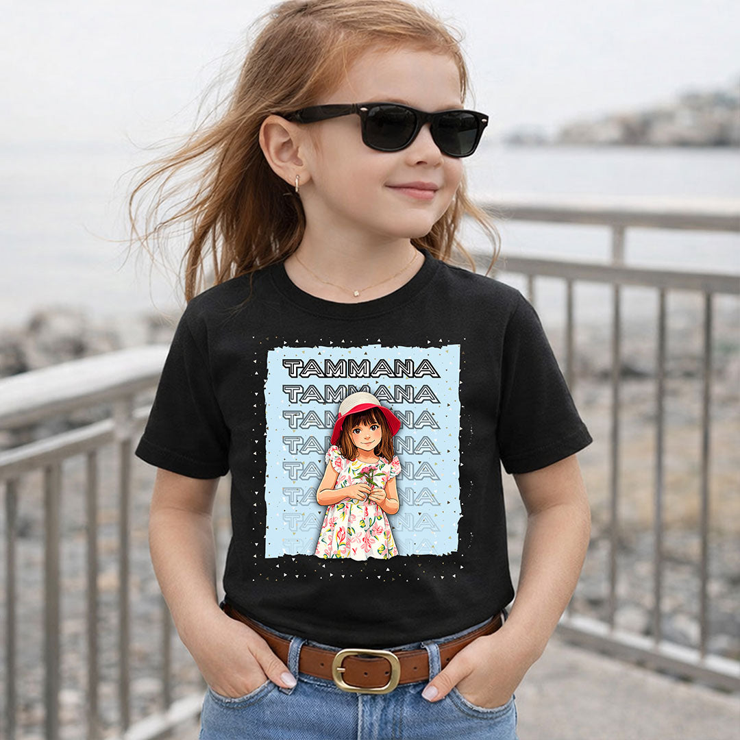 Personalized Cartoon Girl Name Black T-Shirt – Custom Girl Photo & Name Printed | Love Craft Gifts