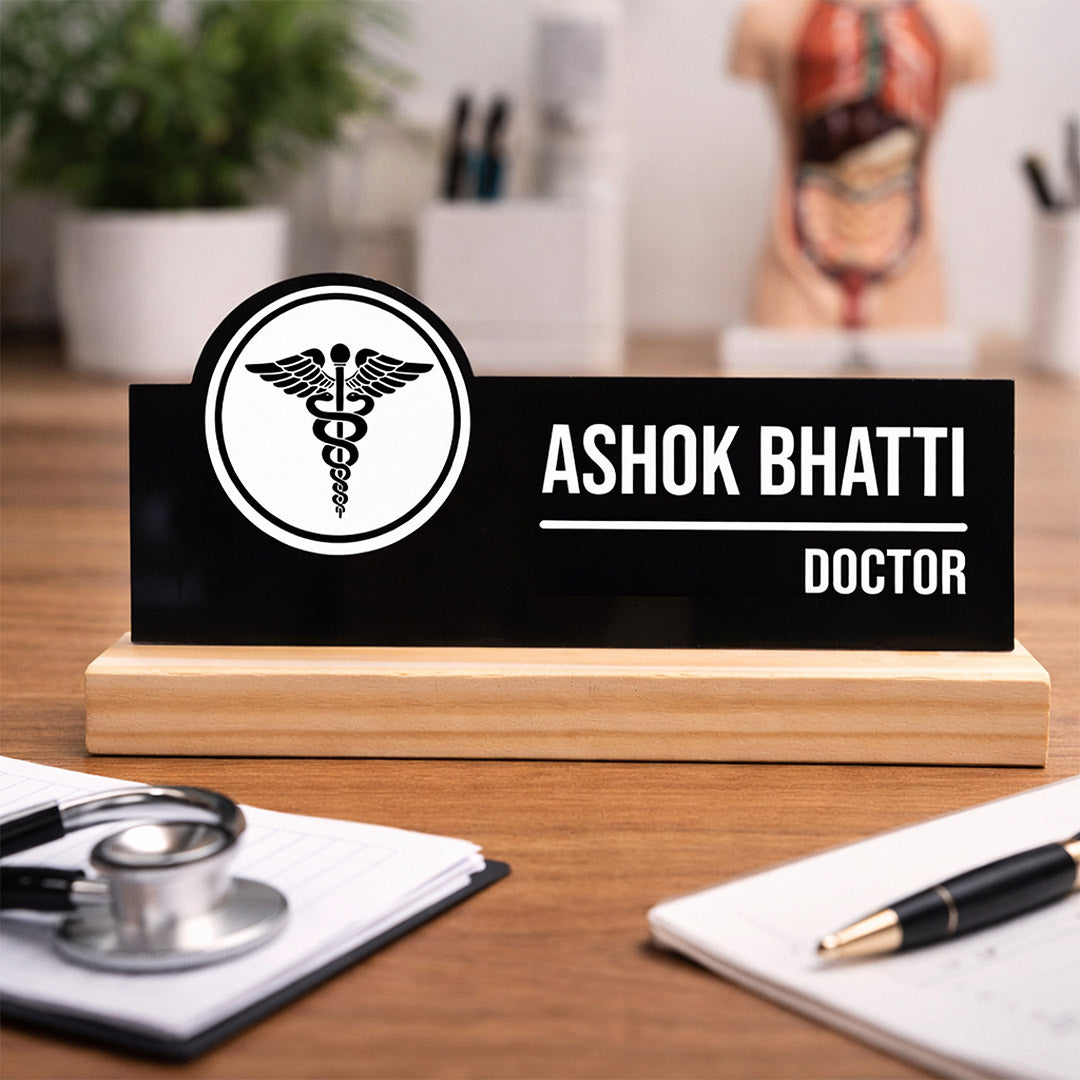 Personalized Doctor Acrylic Name Plate with Wooden Base – Custom Desk Name Stand for Doctors (7 x 3 Inch) | Love Craft Gifts