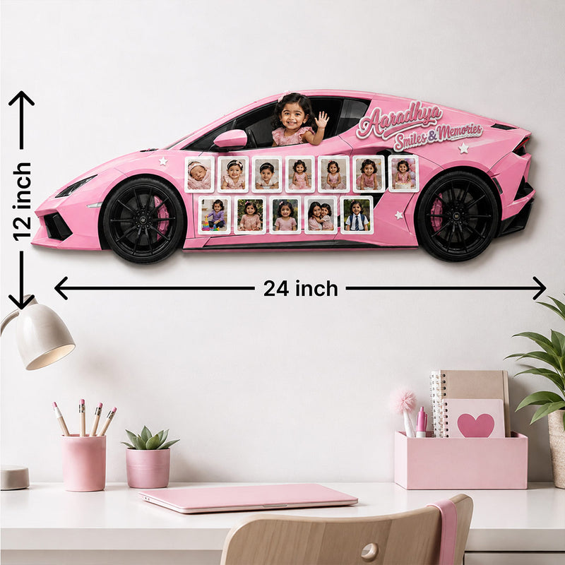 Personalized Baby Lamborghini Car Photo Collage Wall Décor 12×24 Inch | Custom Name & 13 Photo Kids Wall Frame | Love Craft Gifts™
