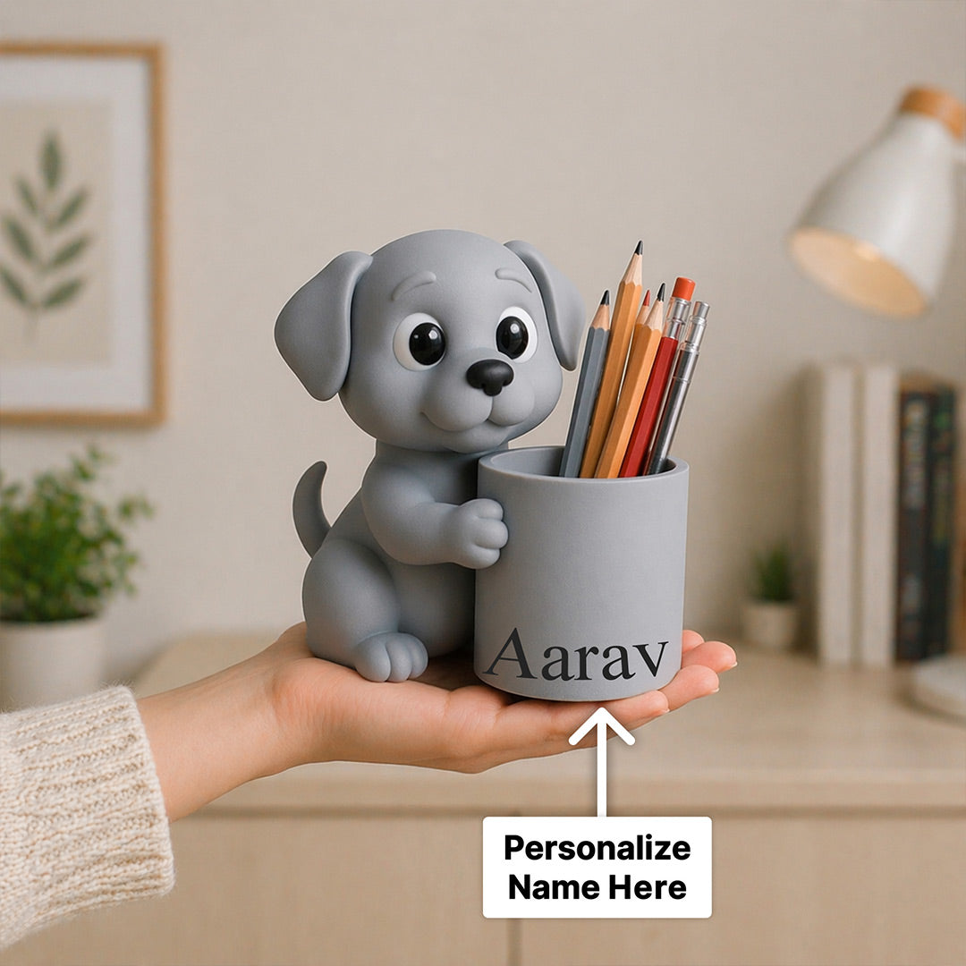Personalized Cute Puppy Pen Holder – Custom Name Grey Puppy Desk Organizer Gift | Love Craft Gifts™