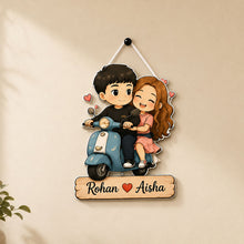 Personalized Couple Scooter Wooden Hanger | Cute Cartoon Couple Wall Décor | Romantic Wooden Hanging Gift | 8x12" | Love Craft Gifts™