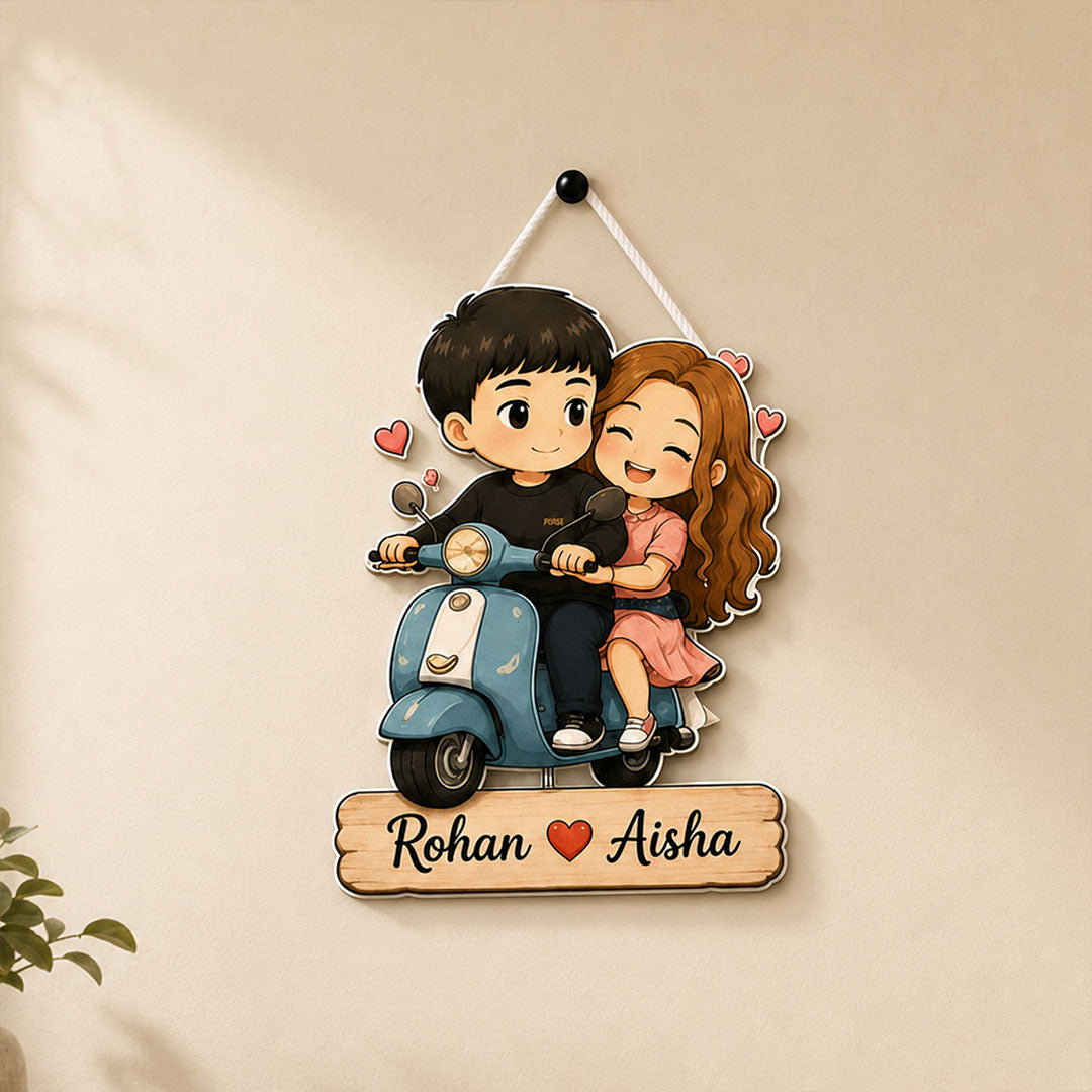 Personalized Couple Scooter Wooden Hanger | Cute Cartoon Couple Wall Décor | Romantic Wooden Hanging Gift | 8x12" | Love Craft Gifts™