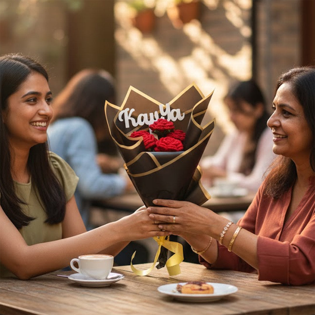 Personalized Red Rose Crochet Bouquet | Handmade Forever Flower Gift | Love Craft Gifts