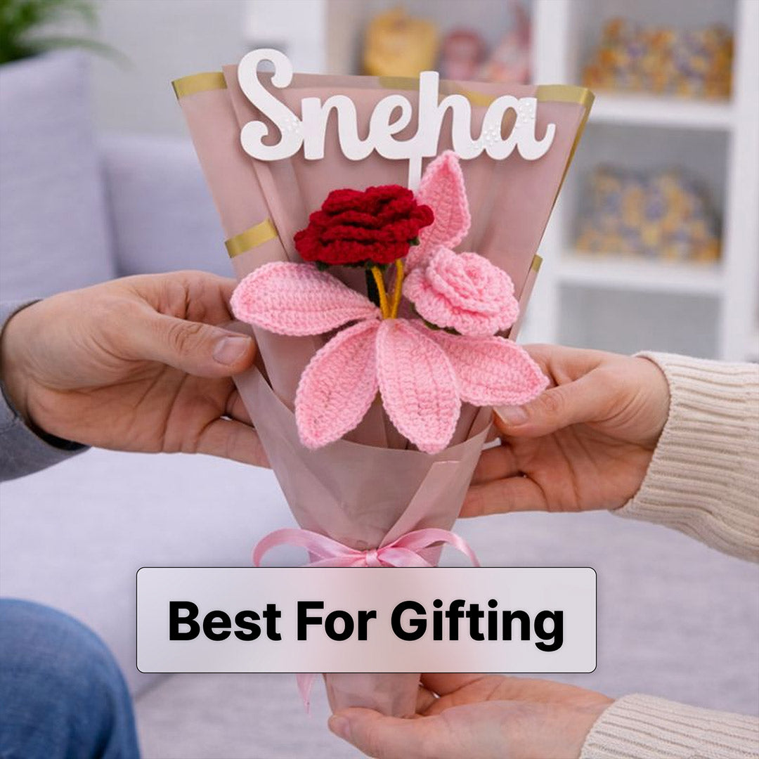 Personalized Pink Rose Crochet Bouquet – Handmade Forever Flower Gift | Love Craft Gifts