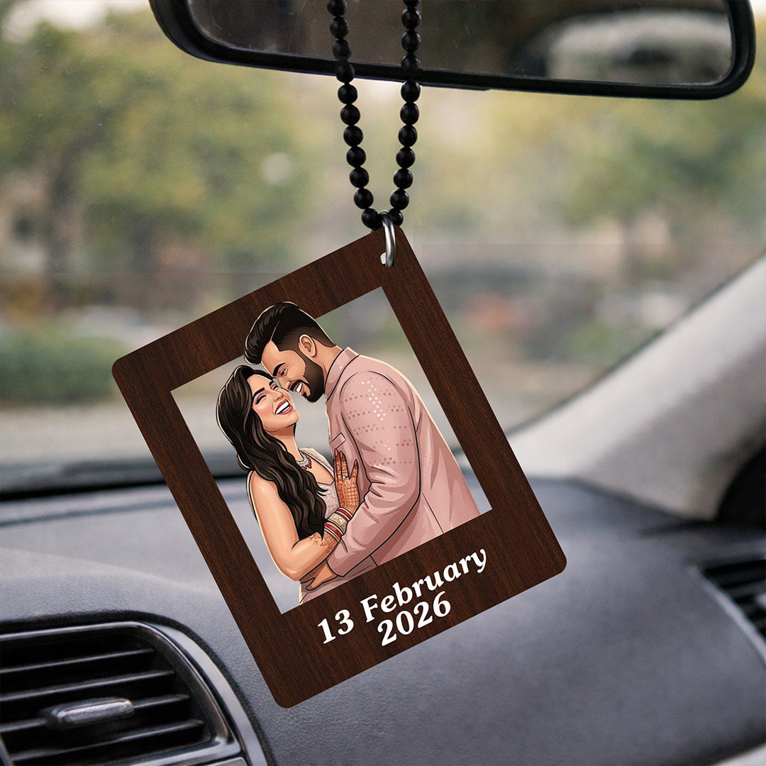 Personalized Photo Cutout Car Hanging Frame – Custom Couple Date Wooden Rear View Mirror Charm (2.5x3 Inch)