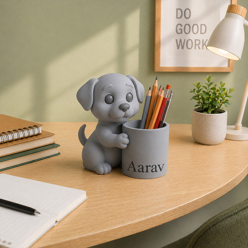 Personalized Cute Puppy Pen Holder | Grey Puppy Desk Organizer Gift