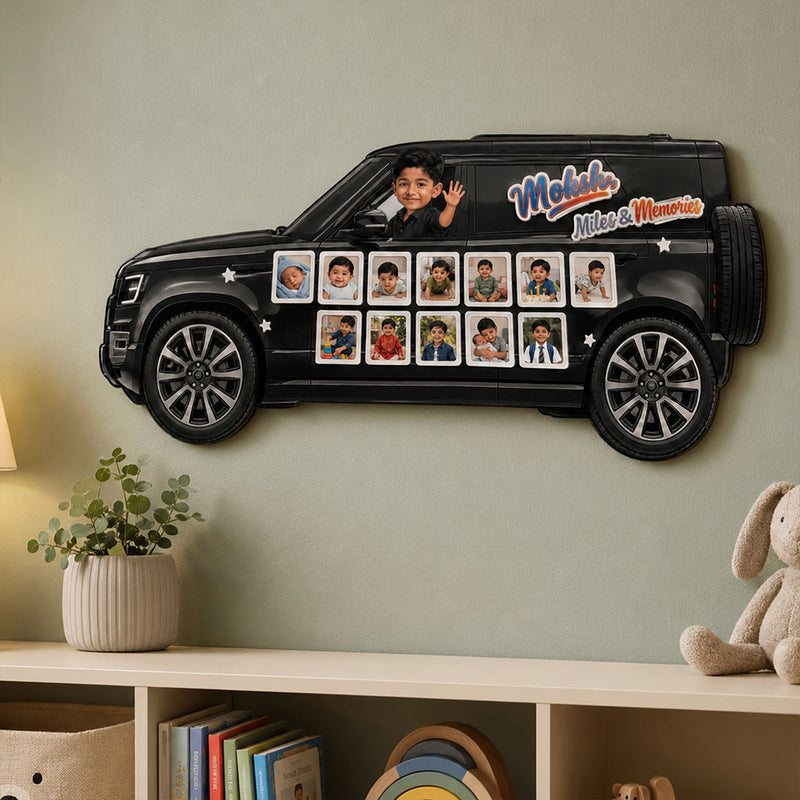 Personalized Baby Defender Car Photo Collage Wall Décor 12×24" | Custom Name & 13 Photo Kids Wall Frame | Love Craft Gifts™