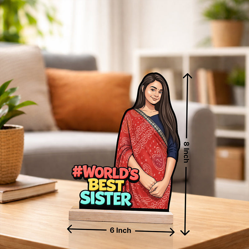 Personalized “World’s Best Sister” Wooden Cartoon Cutout Stand (6x8")